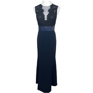Theia Deep Midnight Illusion Lace Neckline Evening Gown Maxi Dress Size 4